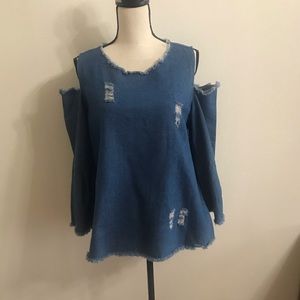 Denim Say What? Cold Shoulder Top W/Bell Sleeves